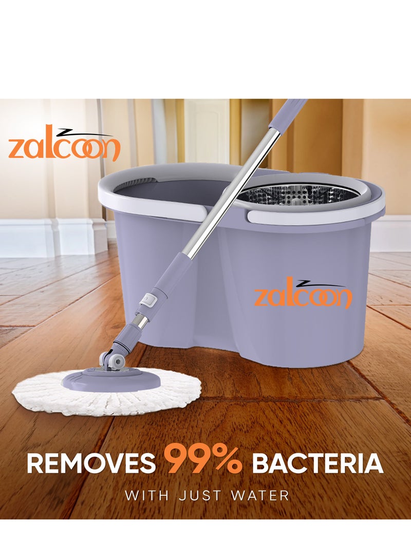 Zalcoon Spin Mop and Bucket with Wringer Set, 360° Spinning Mop and Bucket System with 2 Replacement Heads, Stainless Steel Adjustable Handle and Scrub Brush for Floor Cleaning (Grey) - Image 2